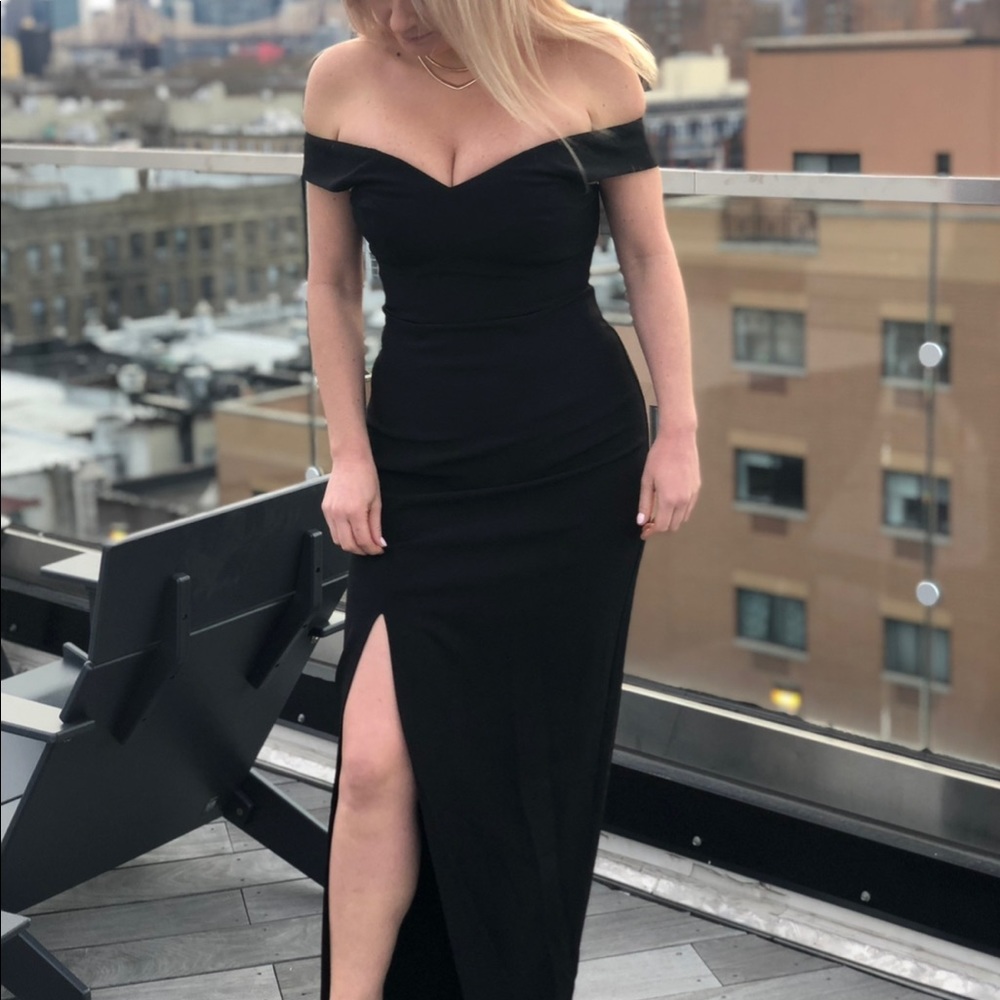 Bariano off shoulder black evening gown w slit
